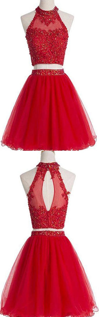Blush red two pieces halter off shoulder cute freshman homecoming prom dress,BDY0127