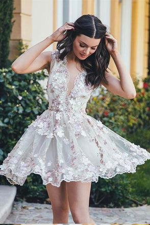 V Neck Lace Handmade Flower Cute Cheap Short Homecoming Dresses 2018, BDY0341