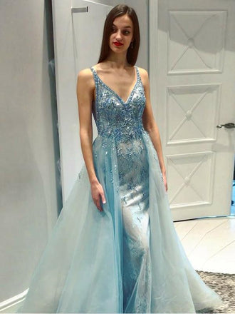 Mermaid V-Neck Light Blue Prom Dress With Beading ,Cheap Prom Dresses,PDY0558