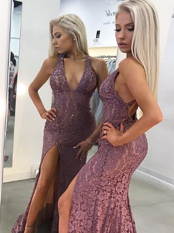 V-neck Beaded Purple Lace Long Prom Dresses,Cheap Prom Dresses,PDY0460