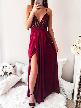 Spaghetti Straps Dark Red Long Prom Party Dress With Sequins,Cheap Prom Dress,PDY0394