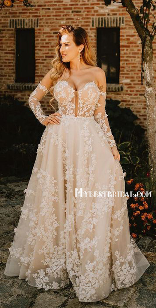 Long Sleeves Lace Sweetheart A-line Beach Wedding Dresses Online,WDY0249