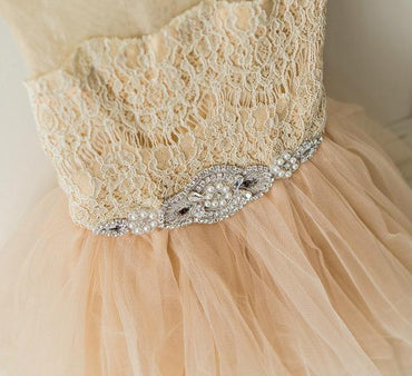 Illusion Lace Top Tulle Flower Girl Dresses, Popular Little Girl Dresses with rhinestone Belt, FGY0129