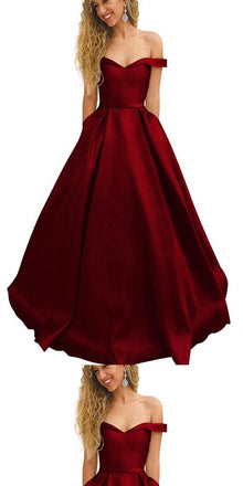 Off-the-Shoulder A-line Burgundy Satin Prom Dress ,Cheap Prom Dresses,PDY0408