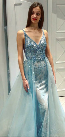 Mermaid V-Neck Light Blue Prom Dress With Beading ,Cheap Prom Dresses,PDY0558