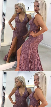V-neck Beaded Purple Lace Long Prom Dresses,Cheap Prom Dresses,PDY0460