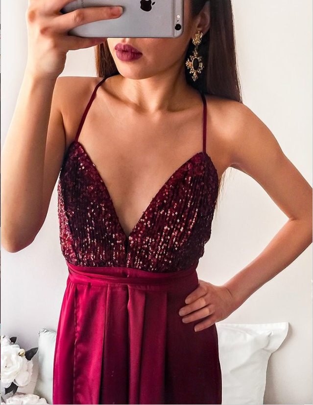 Spaghetti Straps Dark Red Long Prom Party Dress With Sequins,Cheap Prom Dress,PDY0394