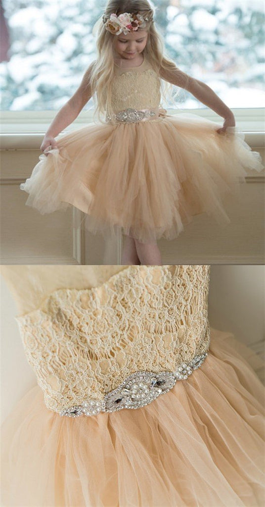 Illusion Lace Top Tulle Flower Girl Dresses, Popular Little Girl Dresses with rhinestone Belt, FGY0129