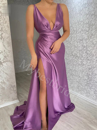 Sexy Spaghetti straps V-neck Side slit Sheath Prom Dresses,PDS0826
