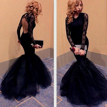 Round Neck Open Back Black Lace Long Sleeve Mermaid Tulle Prom Dresses, BG0212