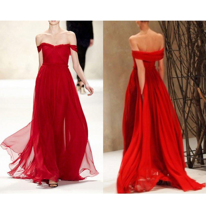 Off Shoulder Red Chiffon Long A-line Cheap Popular Prom Dresses, BG0213