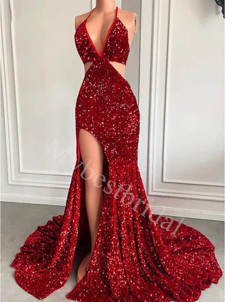 Sexy V-neck Halter Side slit Mermaid Prom Dresses,PDS0844