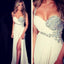 One Shoulder Sweetheart Rhinestone White Jersey Sexy Side Slit Prom Dresses, BG0214