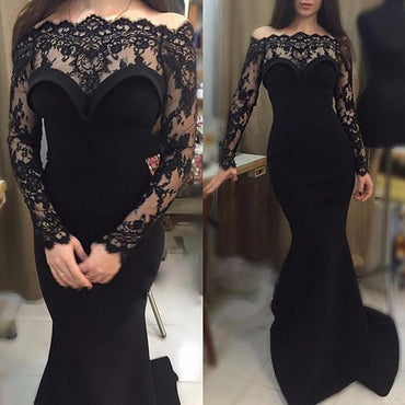 Gorgeous Black Lace Off Shoulder Long Sleeve Sexy Mermaid Prom Dresses, BG0008