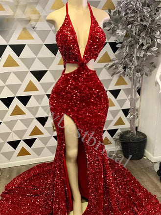 Sexy V-neck Halter Side slit Mermaid Prom Dresses,PDS0844
