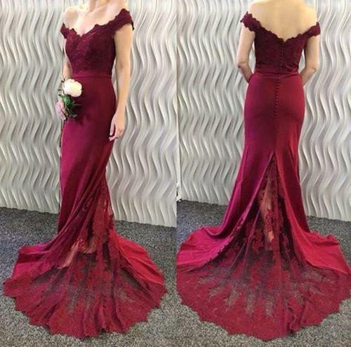 Off Shoulder Long Mermaid Maroon Lace Most Popular Prom Dresses, BG0217
