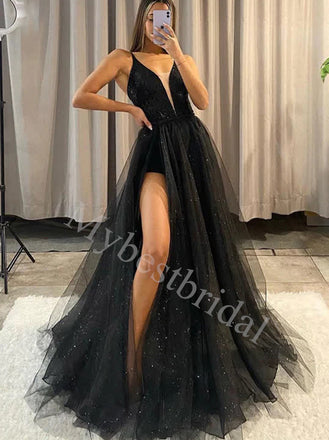 Sexy V-neck Spaghetti straps Side slit A-line Prom Dresses,PDS0843