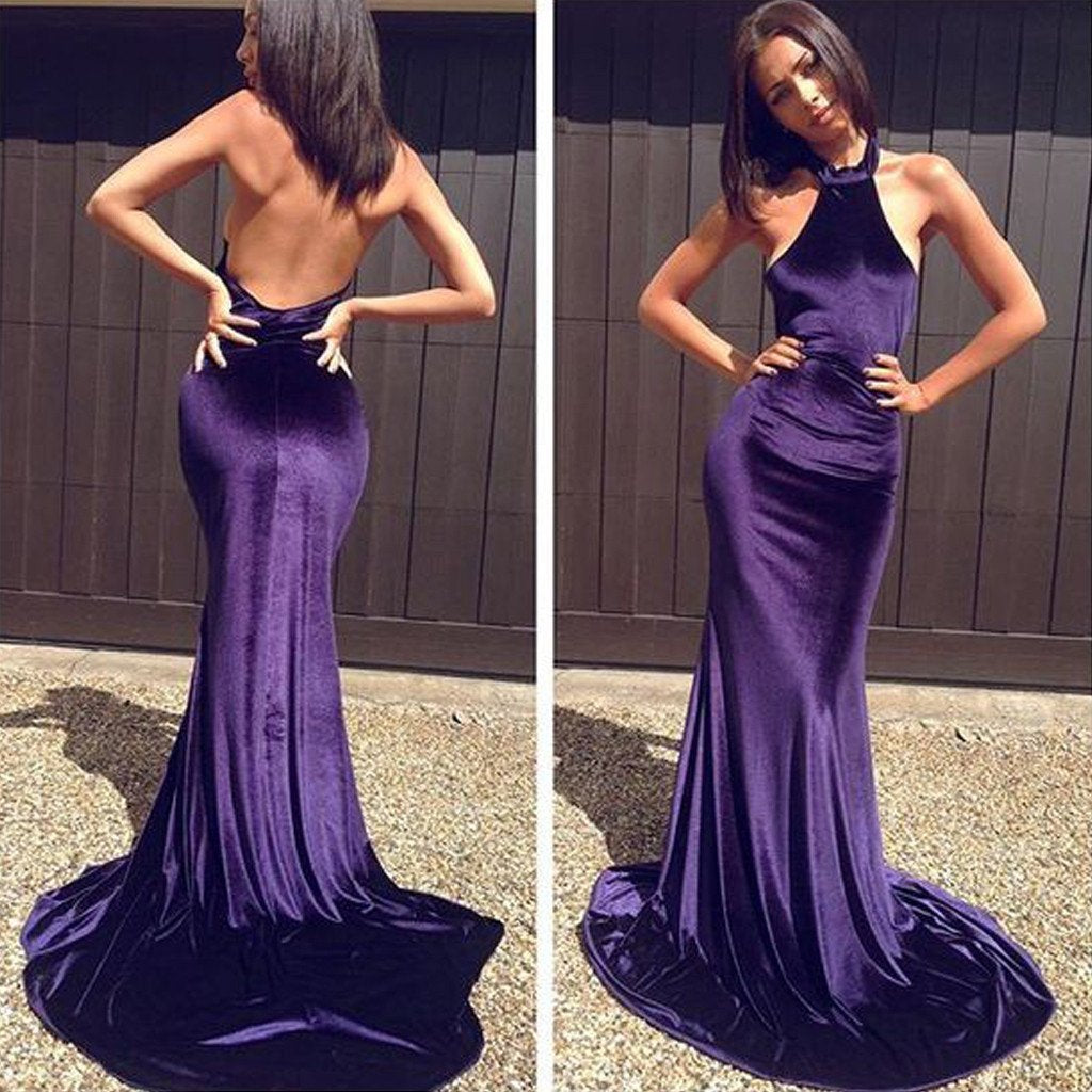Gorgeous High Neck Sexy Backless Long Mermaid Purple Prom Dresses, BG0218
