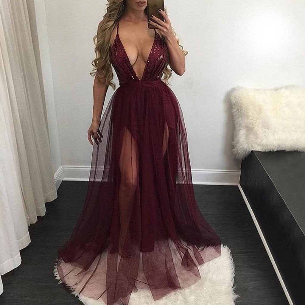 Sexy Deep V-Neck Spaghetti Long A-line Maroon Tulle Sequin Prom Dresses, BG0219