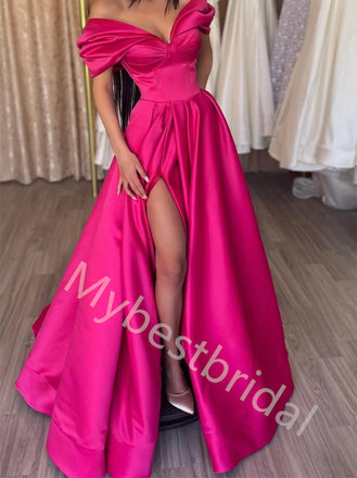 Sexy V-neck Off shoulder Side slit A-line Prom Dresses,PDS0757