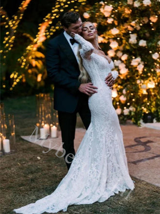 Sexy V-neck Off shoulder Long sleeves Mermaid Lace applique Wedding Dresses,WDY0338
