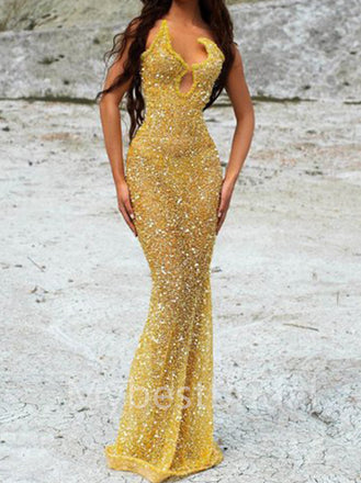 Sexy V-neck Sleeveless Mermaid Prom Dresses , PDS0391