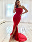 Sexy One-shoulder Red Side Slit Mermaid Long Prom Dresses, PDS0263