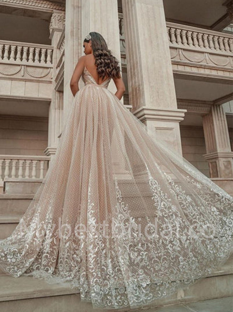 Elegant V-neck  Sleeveless A-line tulle Wedding Dresses, WDY0279