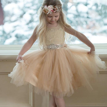 Illusion Lace Top Tulle Flower Girl Dresses, Popular Little Girl Dresses with rhinestone Belt, FGY0129