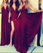 V Neck Side Slit Burgundy Chiffon Cheap Long Bridesmaid Dresses Online, WGY0318