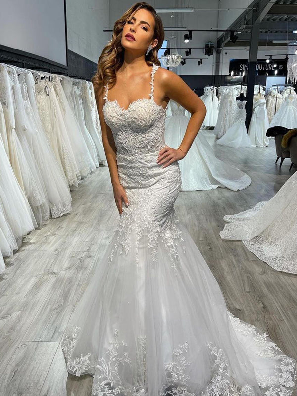 Spaghetti Straps Mermaid Tulle Lace Long Beach Wedding Dresses. WDY0166