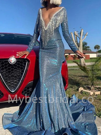 Sexy Deep V-neck Long sleeves Mermaid Prom Dresses, PDS0543