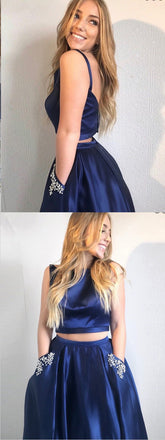 Two Piece White Satin Prom Dress With Beading Pockets ,Cheap Prom Dresses,PDY0400