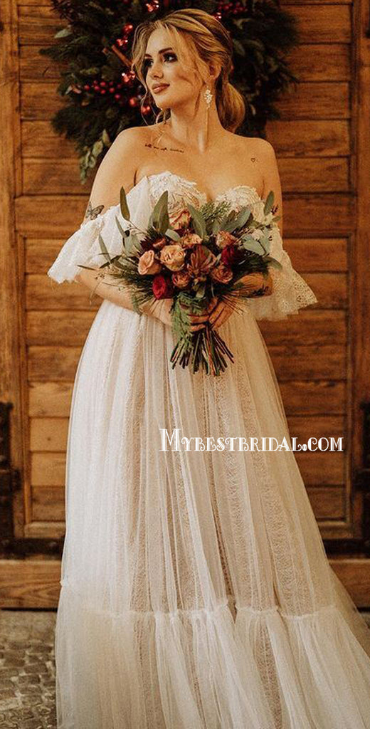 Lace Off-shoulder Simple Cheap Beach Wedding Dresses Online, WDY0248