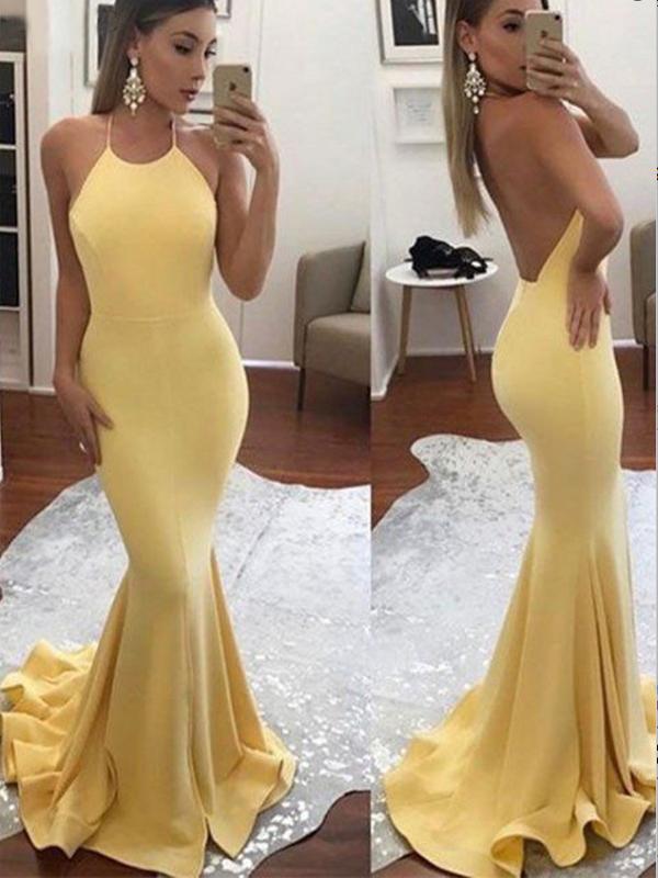 Mermaid Halter Sleeveless Backless Yellow Satin Prom Dress,Cheap Prom Dress,PDY0395