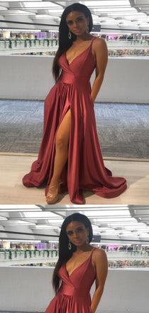 A-line Spaghetti Straps Burgundy Satin Long Prom Dresses,Cheap Prom Dresses,PDY0461