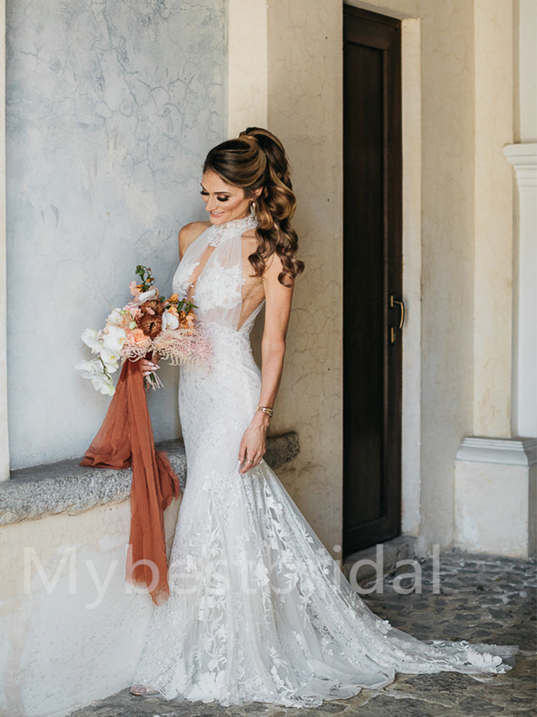 Simple Halter Mermaid Lace applique Wedding Dresses, WDY0241