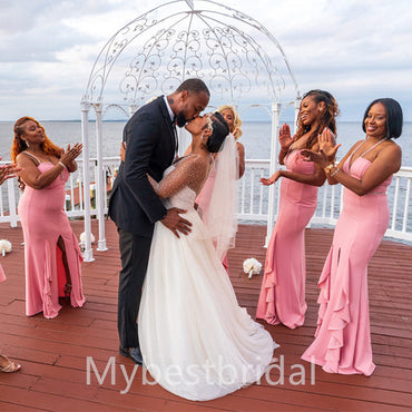 Ruffle Spaghetti straps V-neck Mermaid  Elegant Simple Pretty Long Bridesmaid Dresses,BDS0225