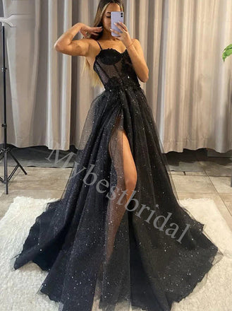 Elegant Sweetheart Spaghetti straps Side slit A-line Prom Dresses,PDS0842