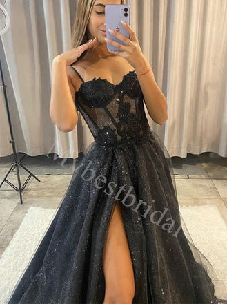 Elegant Sweetheart Spaghetti straps Side slit A-line Prom Dresses,PDS0842