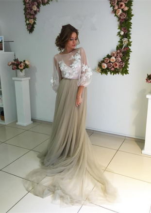 Long Sleeve White Lace Top See Through Elegant Long A-line Tulle Prom Dresses, BG0226