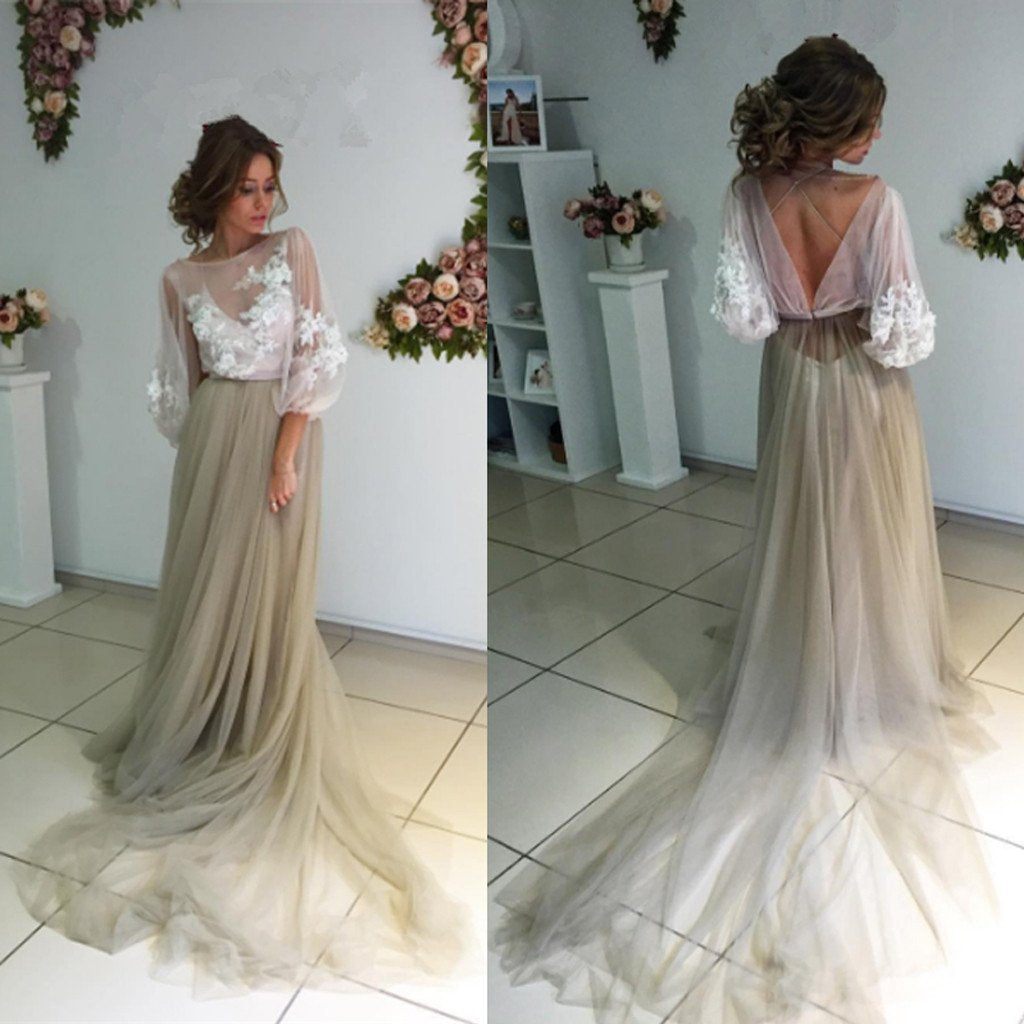 Long Sleeve White Lace Top See Through Elegant Long A-line Tulle Prom Dresses, BG0226