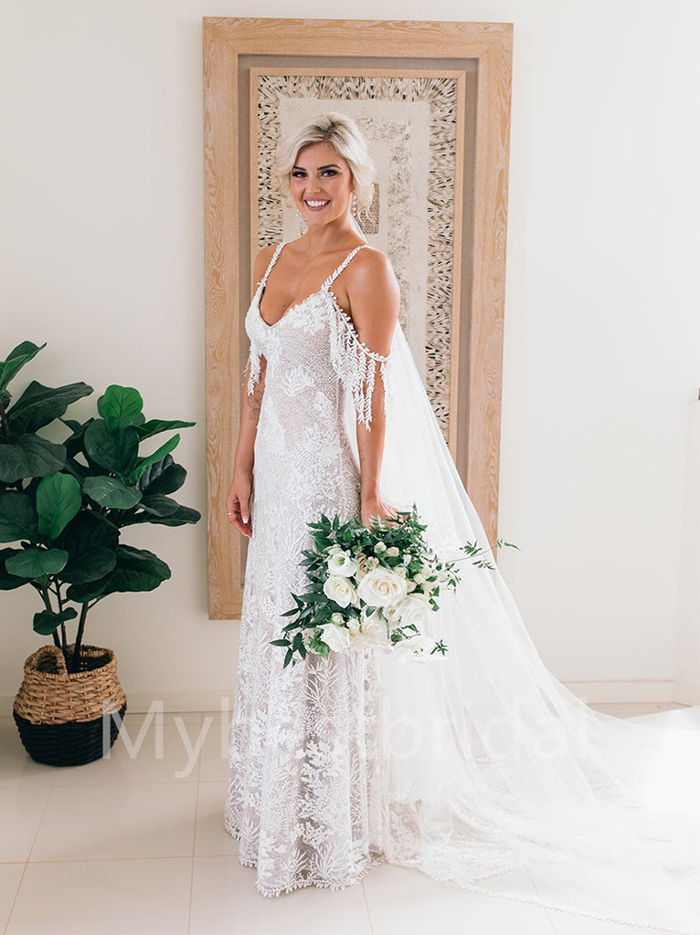 Simple V-neck Spaghetti straps Off-shoulder A-line Wedding Dresses, WDY0230