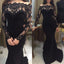 Sexy Gorgeous Off Shoulder Long Sleeve Black Lace Mermaid Long Prom Dresses, BG0227