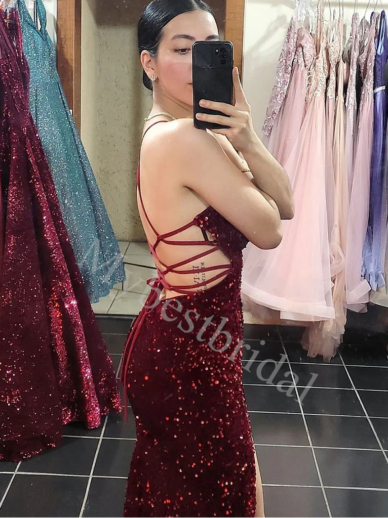 Sexy Spaghetti straps Side slit Mermaid Prom Dresses,PDS0829