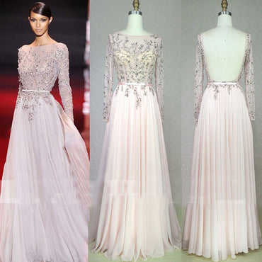Scoop Neckline, Beaded See Through Backless Long A-line Pale Pink Chiffon Prom Dresses, BG0229