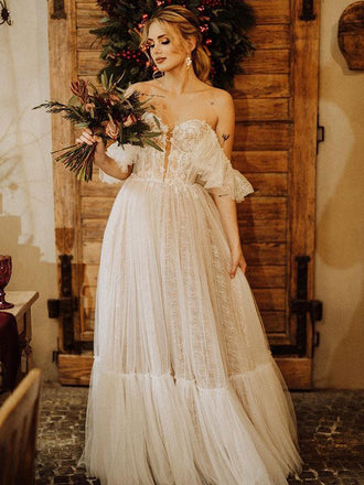 Lace Off-shoulder Simple Cheap Beach Wedding Dresses Online, WDY0248