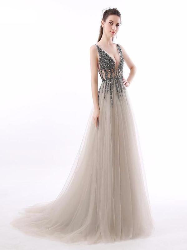 Sexy See Through V Neck Beaded Tulle A line Long Evening Prom Dresses,PDY0252