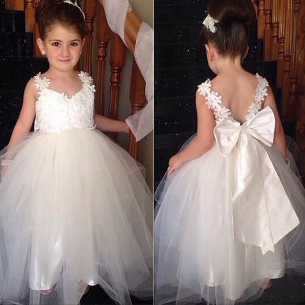 Ivory Strap Lace Top Cute Tulle V- back Flower Girl Dresses, Little Girl Dresses, FGY0146