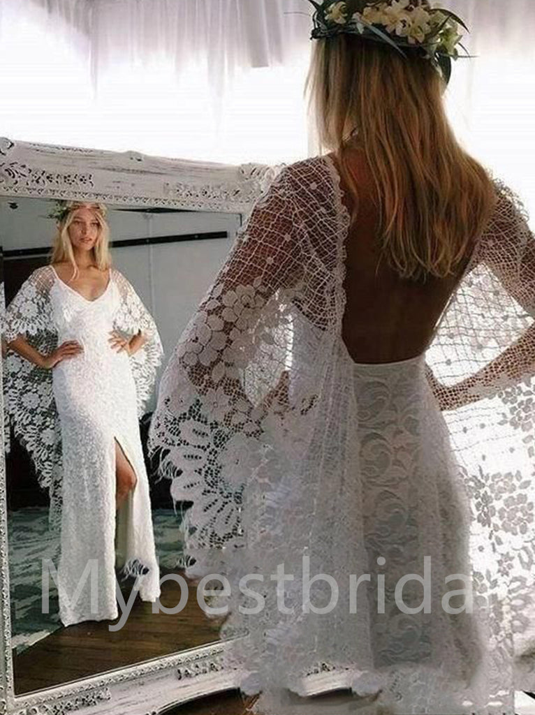 Sexy Long sleeves Open back Sheath Lace applique Wedding Dresses,WDY0326